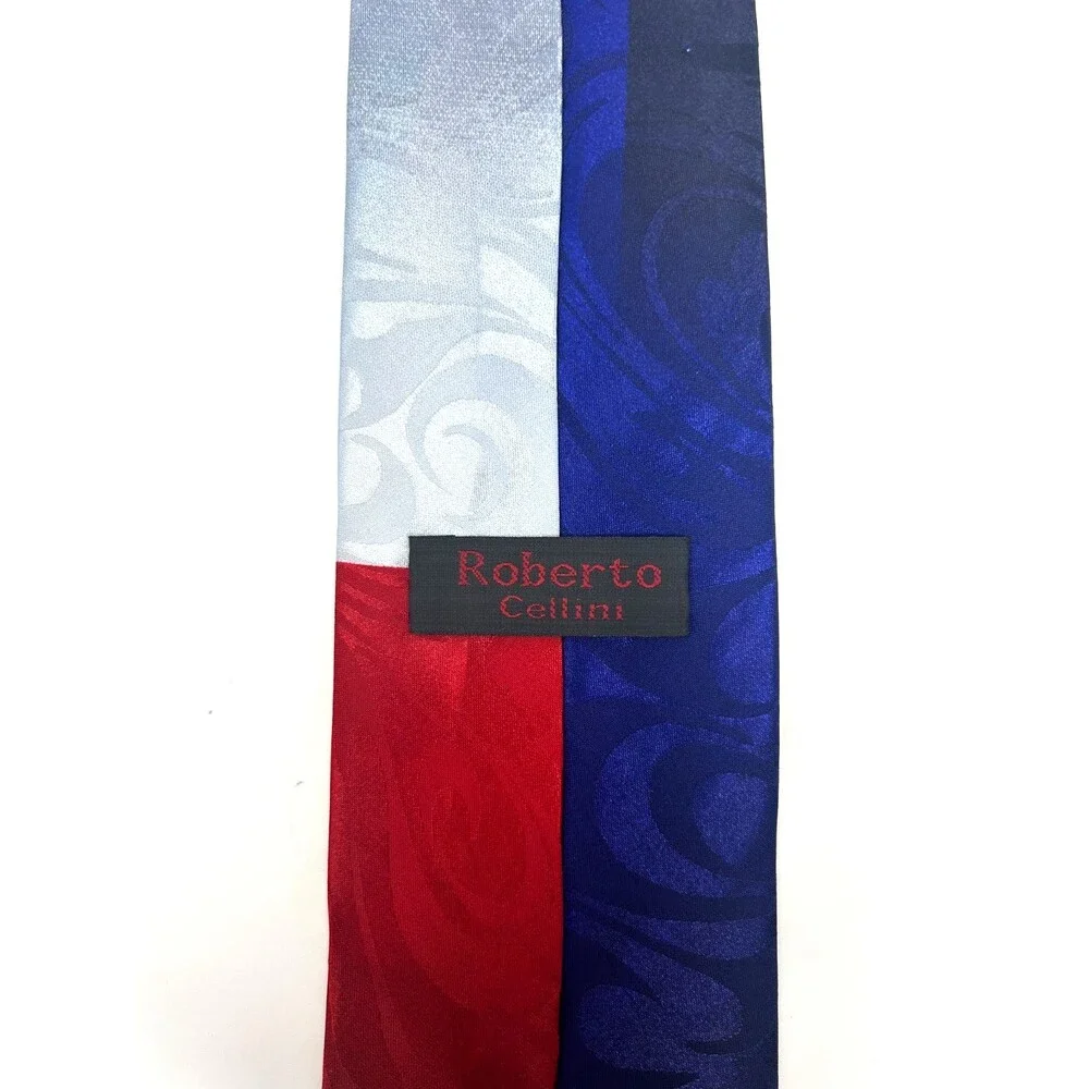 Roberto Cellini Texas Flag Tie Red White Blue Gray Star Scroll 58”x 3.75